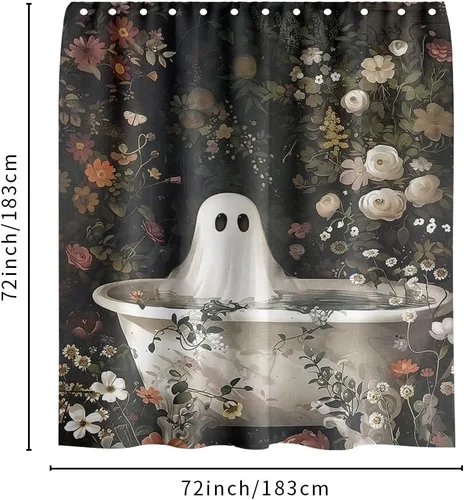 Vista 5 de Cortina de ducha de Halloween con diseño de fantasma, para bañera, bosque de flores, cortina de ducha para baño, academia oscura, tina fantasma