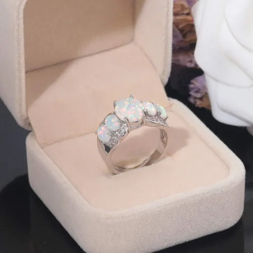 Vista 4 de CiNily - Anillo chapado en rodio con ópalo de fuego blanco para mujer, talla 5 12