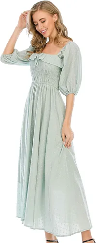 Vista 4 de R.Vivimos - Vestidos largos de verano de media manga para mujer, hechos de algodón, con volantes, estilo vintage, elegantes, con espalda descubierta