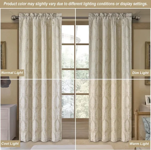 Vista 2 de Loom and Mill - Cortinas de lujo de jacquard para dormitorio, cortinas de damasco beige de 2 paneles con alzapaños, elegante cortina de ventana