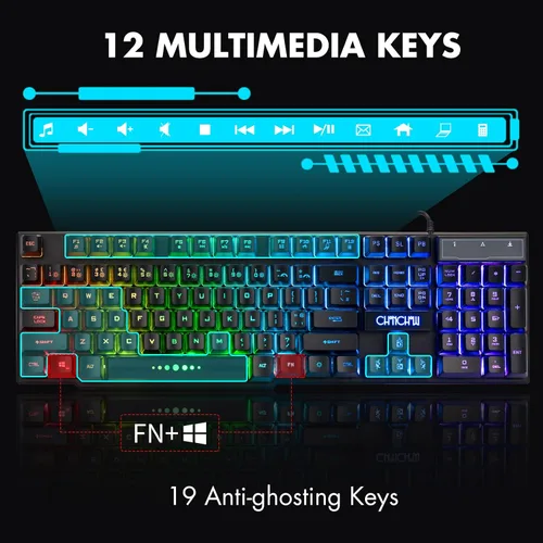 Vista 4 de CHONCHOW Teclado para juegos con cable para Mac, PC, PS5, PS4, Xbox One, teclado de sensación mecánica LED retroiluminado RGB con teclas multimedia