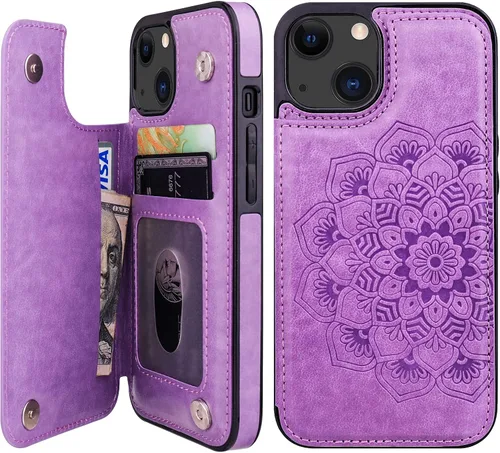 Vista 10 de Vaburs Funda compatible con iPhone 13 con tarjetero y diseño de mandala en relieve, de piel sintética, doble botones, a prueba de golpes, para Azul