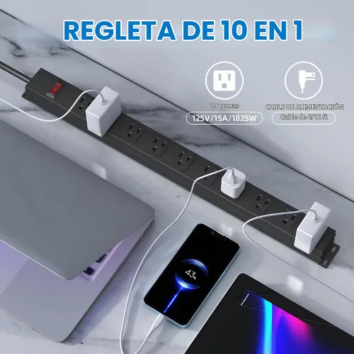 Vista 2 de Tira de alimentación de 10 tomas de 6 pies de largo, cable de extensión resistente para montaje en pared, enchufe de metal para cocina, oficina