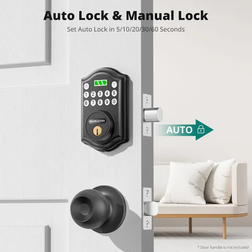 Vista 4 de Cerradura de puerta de entrada sin llave con teclado, cerrojo inteligente para puerta delantera con 2 llaves, bloqueo automático, fácil instalación