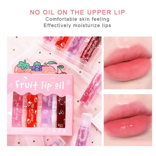 Vista 4 de Juego de 4 brillos de labios enrollables de fruta, brillo de labios transparente, gel de labios líquido, aceite de labios hidratante, no pegajoso