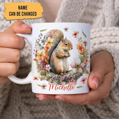 Vista 2 de Hyturtle Taza de ardilla personalizada, taza de café de cerámica blanca con nombre personalizado de 11 onzas, regalo de cumpleaños para los amantes