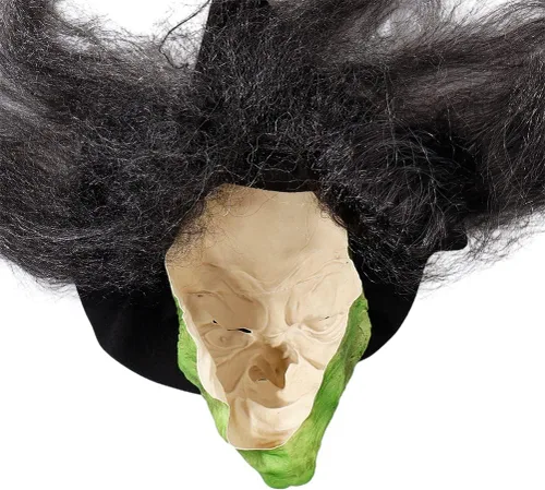 Vista 8 de Máscara facial de bruja de anciana con pelo y sombrero, disfraz de látex para Halloween, espeluznante y aterrador, disfraz de bruja para fiesta