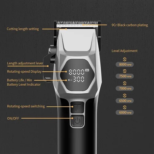 Vista 8 de ANGFAN Cortapelos Profesionales Inalámbricos para Hombres - Motor de 5 Velocidades 8000RPM con Cuchillas de Óxido Negro 440C, Kit de Cortapelos
