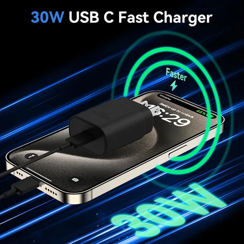 Vista 3 de Cargador de teléfono 17, 16, 15, carga rápida, bloque de carga USB C de 30 W con cable de carga C de 6.6 pies de largo para teléfono 17, 16, 15 Pro