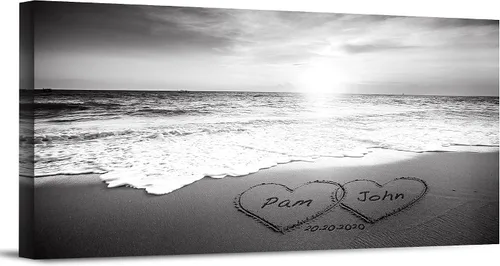 Vista 16 de Corazón y corazón en hermoso amanecer fotos personalizadas únicas o impresiones en lienzo con nombres de pareja y fecha especial en la playa, regalo