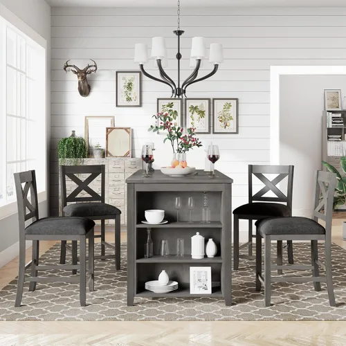 Vista 11 de Farmhouse - Juego de mesa de comedor rústica de altura de mostrador para 4, juego de mesa de bar de cocina de 5 piezas, mesa de comedor rectangular