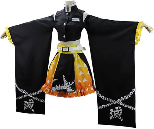 Vista 3 de Juejuezi Nuevo Zenitsu Tanjirou Cosplay Disfraz Anime Kimono Halloween Off Hombro Falda Shinobu traje con pendientes