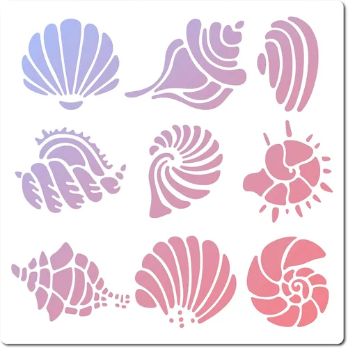 Vista 12 de GORGECRAFT 12 estilos 7.1x7.1 in plantillas de criaturas marinas cuadrada plantilla de pintura de concha de coral, caracola, tortuga de mar, pez