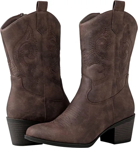 Vista 2 de GLOBALWIN Botas vaqueras occidentales de media pantorrilla para mujer, botas vaqueras de moda para mujer, tacón bajo grueso