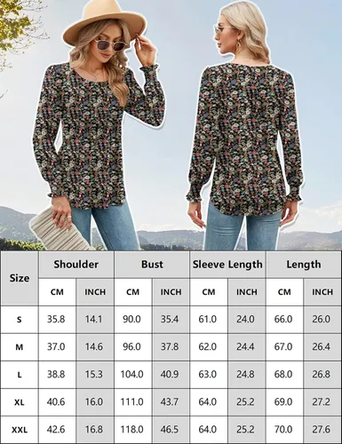 Vista 5 de LOMON Blusa de manga larga y corta para mujer, plisada, cuello redondo, estilo casual, holgada, para otoño