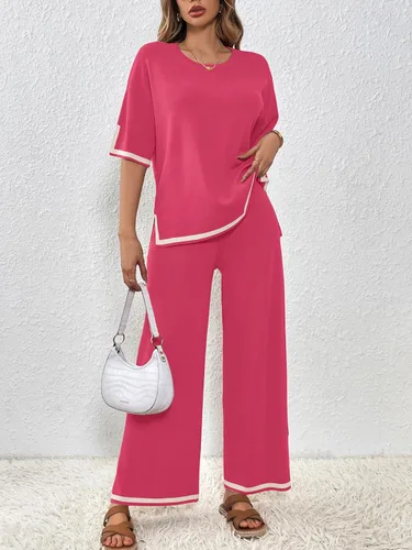 Vista 8 de SuperPrity Conjunto de suéter para mujer de 2 o 3 piezas, de manga cortalarga, suéter de punto, de cintura alta, pantalones de pierna ancha