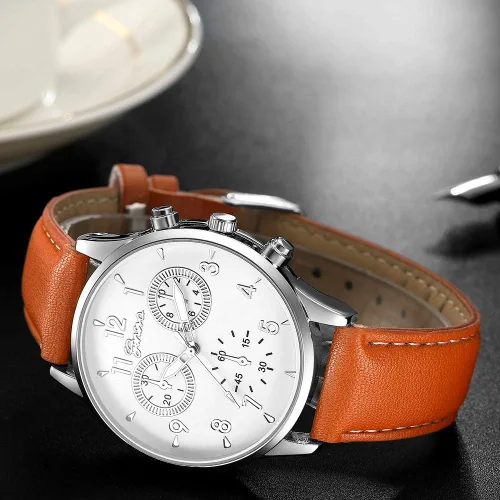 Vista 6 de Yunanwa Paquete de 6 relojes de cuarzo de cuero para hombre, Ginebra para niños, casual, de vestir, de pulsera al por mayor, Reloj de cuarzo