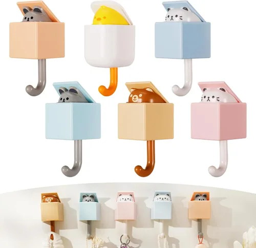Vista 8 de Fuyamp 6 Pcs Creative Adhesive Coat Hooks Cute Pet Wall Hooks for Coat, Hat, Towel, Key, Bag Adhesive Hooks for Wall Decorations Small Key Chain Hook