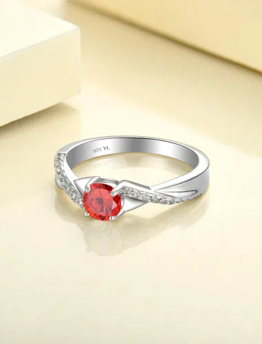 Vista 5 de YL 925, Anillo de compromiso de plata, piedra de nacimiento de corte redondo de 5MM, anillo infinito para mujer 01-Granate-Enero