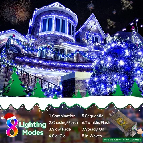 Vista 3 de Cadena de luces de Navidad para exteriores, 125 pies con 350 luces LED, 8 modos y función de temporizador con memoria, luces de hadas parpadeantes