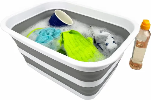 Vista 6 de SAMMART Tina plegable de 12 litros (3.17 galones), bandeja portátil de picnic al aire libre, lavabo de lavado portátil, bañera de plástico que Gris