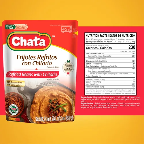 Vista 3 de Chata - Frijoles refritos mexicanos con chilorio de cerdo, 15.2 oz (paquete de 3) Listo para comer, solo calienta y sirve
