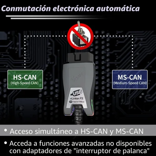 Vista 2 de Vgate vLinker FS OBD2 Adaptador USB para FORScan HS/MS-CAN, interruptor automático