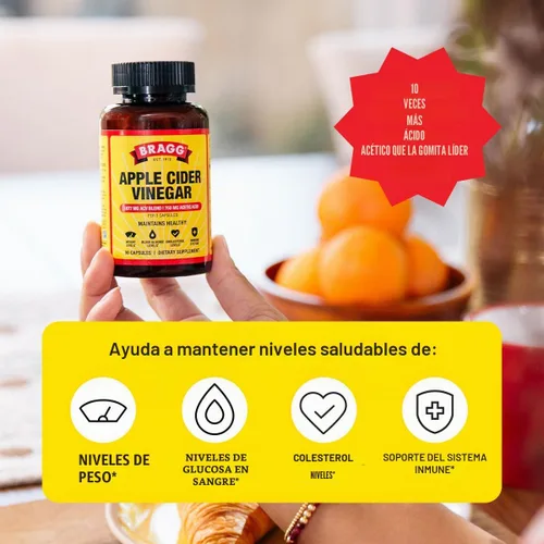 Vista 2 de BRAGG Cápsulas de vinagre de sidra de manzana, vitamina D y zinc para bienestar diario, 90