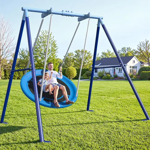 Vista 10 de Juego de columpios para niños 5 en 1 para patio trasero con trampolín, soporte de marco en A resistente de 880 libras, soporte de metal