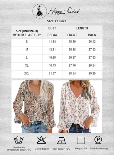 Vista 6 de Happy Sailed Womens Boho Floral Print V Neck Tops Casual Long Sleeve Drawstring Blouses ShirtsS-XXL