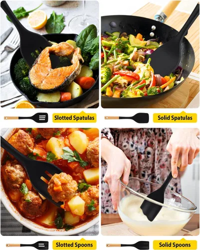 Vista 5 de Juego de 4 utensilios de cocina de silicona, espátulas sólidas antiadherentes y cucharas ranuradas resistentes al calor con mango de madera
