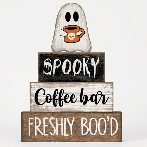 Vista 90 de Lineshading 4 piezas de decoración de mesa de Halloween espeluznante café apilado, decoración de bloques apilados de madera, letreros con tapa