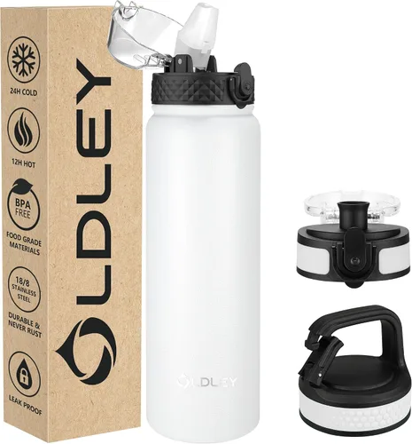 Vista 11 de Botella de agua aislada Oldley de 12 oz con pajita, botella de agua de acero inoxidable con 2 tapas, botellas de doble pared con vacío para adultos
