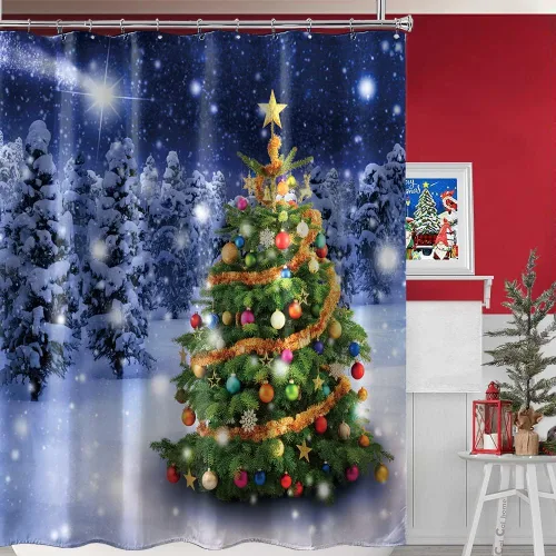 Vista 3 de Cortina de Ducha Navideña, Cortina de Ducha Azul Bosque Invernal con Nieve, Cortina de Ducha de Tela de Pino de Navidad con Regalos para Baño, 72 ×