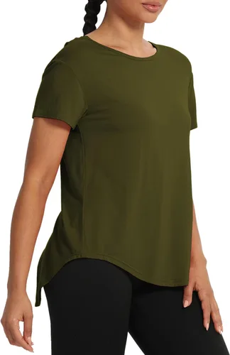 Vista 2 de Bestisun Camisetas atléticas de entrenamiento de manga corta para mujer, con lazo en la espalda, deportes, gimnasio, espalda de malla, ropa de yoga