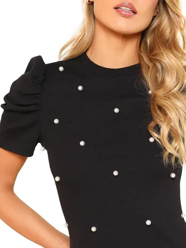 Vista 4 de Romwe - Blusa bordada para mujer con manga corta abombada adornada con elegantes perlas