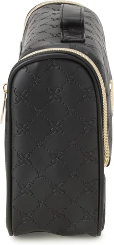 Vista 4 de NINE WEST Bolsa de maquillaje negra Organizador de cosméticos Esenciales de viaje Gancho colgante Patrón de celosía de cuero sintético ribete dorado