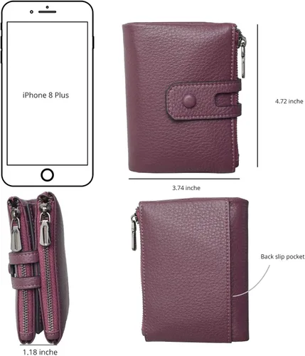 Vista 6 de Bveyzi - Billetera pequeña de cuero suave para mujer con bloqueo RFID, tarjetero para damas con doble bolsillo con cremallera