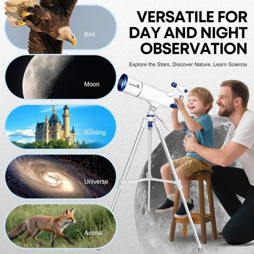 Vista 7 de Telescopio para adultos de alta potencia, apertura de 90 mm, telescopio refractor portátil de 550 mm para niños y principiantes de astronomía