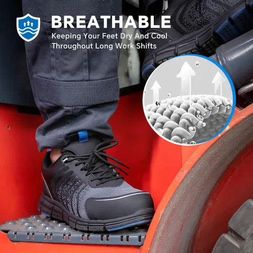 Vista 3 de SPIEZ Zapatos de seguridad para hombre, extra ligeros, transpirables, con punta compuesta, tenis de trabajo negro y azul US 7.5-12
