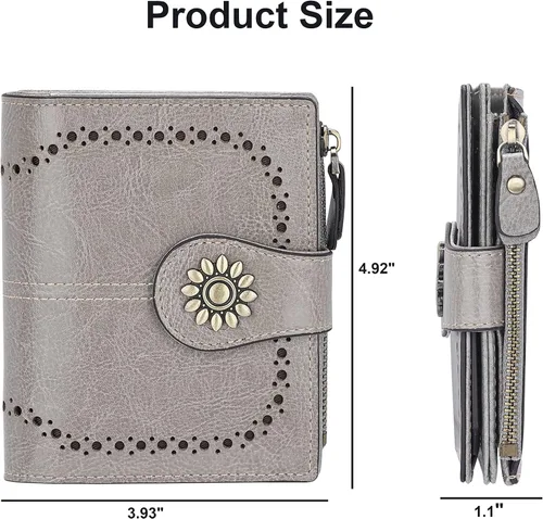 Vista 6 de Lavemi Cartera de cuero para mujer, pequeña, compacta, con bloqueo RFID, con bolsillo con cremallera