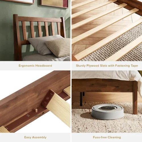 Vista 3 de mopio Ted - Marco de cama con cabecero, marco de cama de plataforma de madera maciza de acacia moderna de mediados de siglo, listones de madera, sin