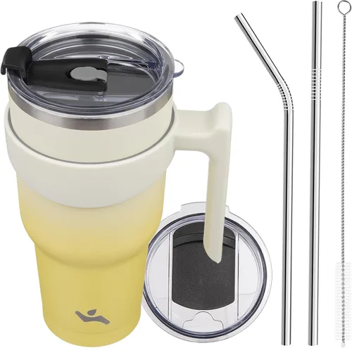 Vista 66 de Konokyo - Vaso de 10 onzas con asa y 2 popotes, 2 tapas, botella de agua aislada de acero inoxidable, taza de viaje reutilizable, color verde militar