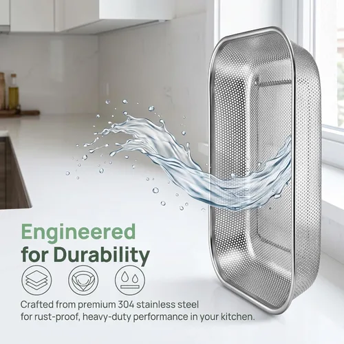 Vista 3 de Cedilis Paquete de 2 coladores grandes de acero inoxidable, cesta de lavado de verduras de malla de 6 cuartos de galón, cesta escurridor rectangular