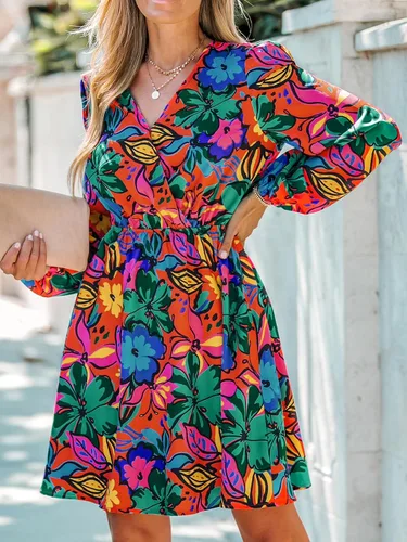 Vista 4 de CUPSHE Mini vestido de gasa con estampado floral para mujer, mangas largas campesinas