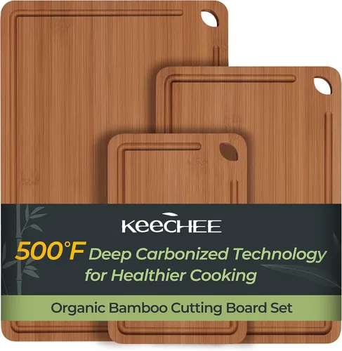 Vista 15 de Keechee Tabla de Cortar de Madera para Cocina - Juego de Regalo de 3 Tablas de Cortar Reversibles de Bambú con Ranura para Jugos, Tabla de Cortar