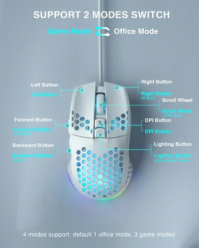 Vista 7 de SM900 - Mouse para juegos con cable blanco con carcasa de panal, 12800 DPI, 7 botones programables, mouse ergonómico ligero