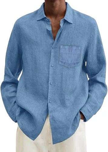 Vista 12 de Camisa de algodón y lino para hombre, talla grande, ajuste holgado, manga larga, cuello abatible, casual, tops de verano