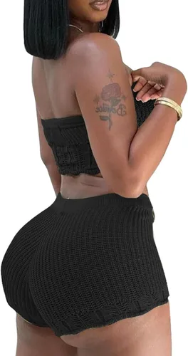 Vista 3 de CALEBGAR Two Piece Outfits for Women Sexy Cropped Tube Top Shorts Sets Knitted Bodycon Pants Summer Clubwear