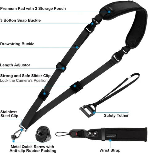 Vista 2 de ARVOK Correa para cámara - Correa de hombro ajustable con correa de muñeca para Nikon Canon Sony Fuji DSLR